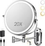9" Wall Mounted Lighted Makeup Mirror,4000mAh Rechargeable Double Sided 1X/20X Magnifying Mirror with Light,Touch Dimmable,Extended Arm 360 Rotation Wall Mounted Makeup Mirror 3 Color Lights - Image 2