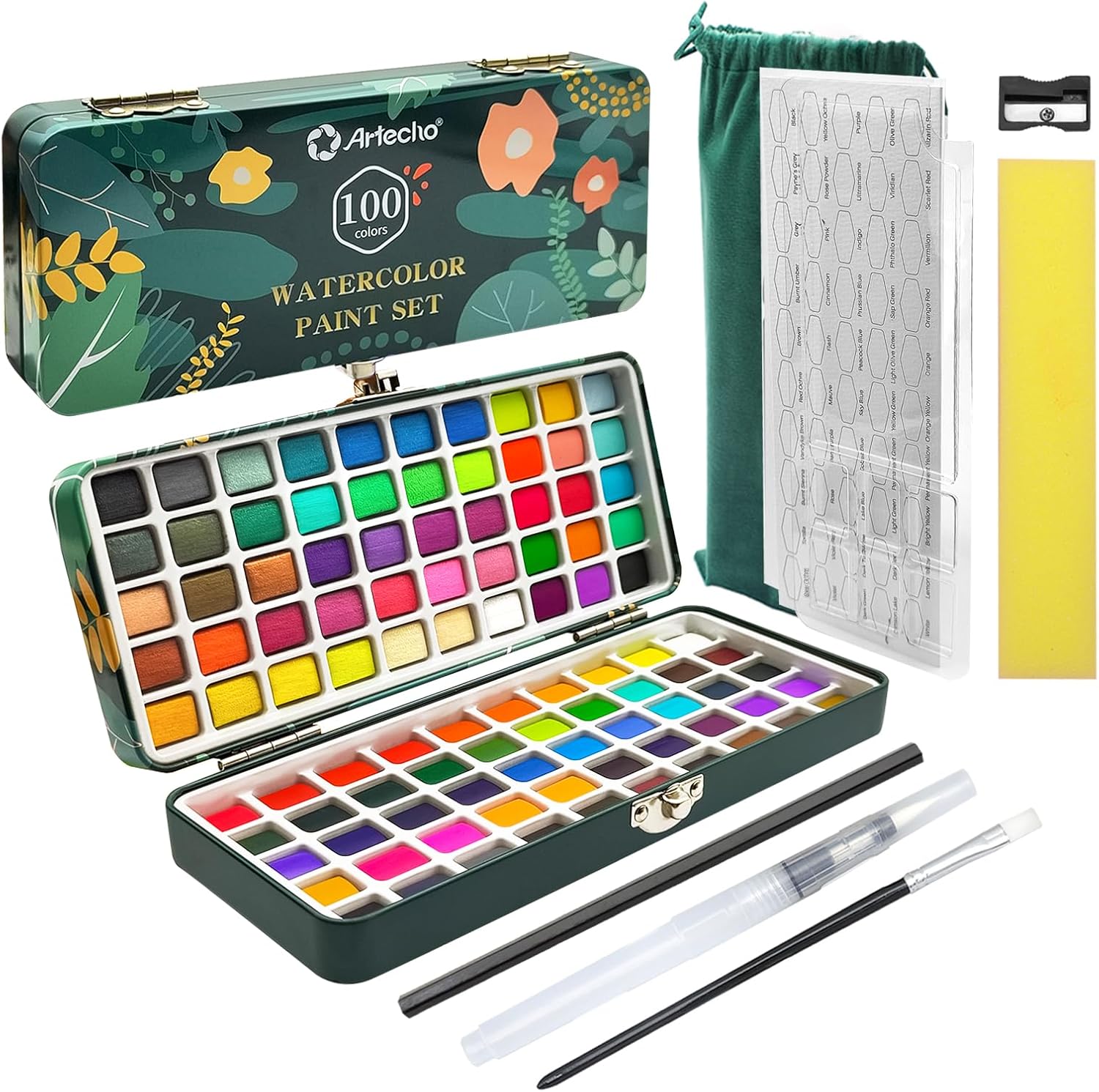 Artecho Watercolor Paint Set 100 Colors with Metallic in Portable Box, Paint Kit with Watercolor Papers and Brushes, Water Color Set for Beginners & Professionals - Image 2