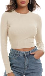 Artfish Women's Round Neck Long Sleeve Knit Ribbed Fitted Crop Top Casual Basic Shirts - Image 2