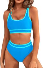 BMJL Women's High Waisted Bikini Sets Sporty Two Piece Swimsuits Color Block Cheeky High Cut Bathing Suits - Image 2