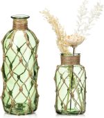 Chuangdi Set of 2 Coastal Glass Vases for Flower Small Flower Vase with Boho Rope Wrapping Beach Decorative Bottle for Coastal Nautical Table Centerpiece Wedding Floral Arrangement Decor(Green) - Image 2