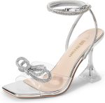 DREAM PAIRS Stiletto Bow Heels for Women Strappy Sparkly Rhinestone Square Toe Clear Crystal High Sandals for Party Wedding - Image 2