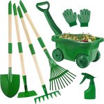 Duckura Kids Gardening Tools Set - 7pcs Wheelbarrow Set for Kids with Shovel, Rake, Leaf Rake, Summer Outdoor Yard Digging Weed Birthday Gifts Toys, Christmas for Boys Girls Age 2 3+ Years Old(Green) - Image 2