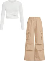 Girls Clothes 2 Piece Outfit Ribbed T-Shirt Top + Cargo Pants, Girls Fall Clothing Set, Sizes 5-16 Years - Image 2