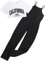 Hilinker Girl's 2 Piece Outfits Graphic Short Sleeve Crop Top and Cami Jumpsuit Set - Image 2