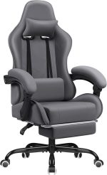 Homall Gaming Chair Fabric with Massage Lumbar Support, Ergonomic Racing Video Game Chair with Adjustable Footrest and Headrest (Grey) - Image 2