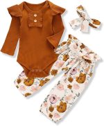Kislio Newborn Baby Girls Clothes Ribbed Ruffled Romper+Floral Pants+Headband Infant Outfit Set - Image 2