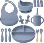 LITTLE RAWR Silicone Baby Feeding Set 14 Pcs,Baby Led Weaning Supplies, Baby Spoons Suction Bowl Divided Plate Bib Cup Finger Brush,First Stage Solid Food Eating Utensils - 6+ Months(Blue Gray) - Image 2
