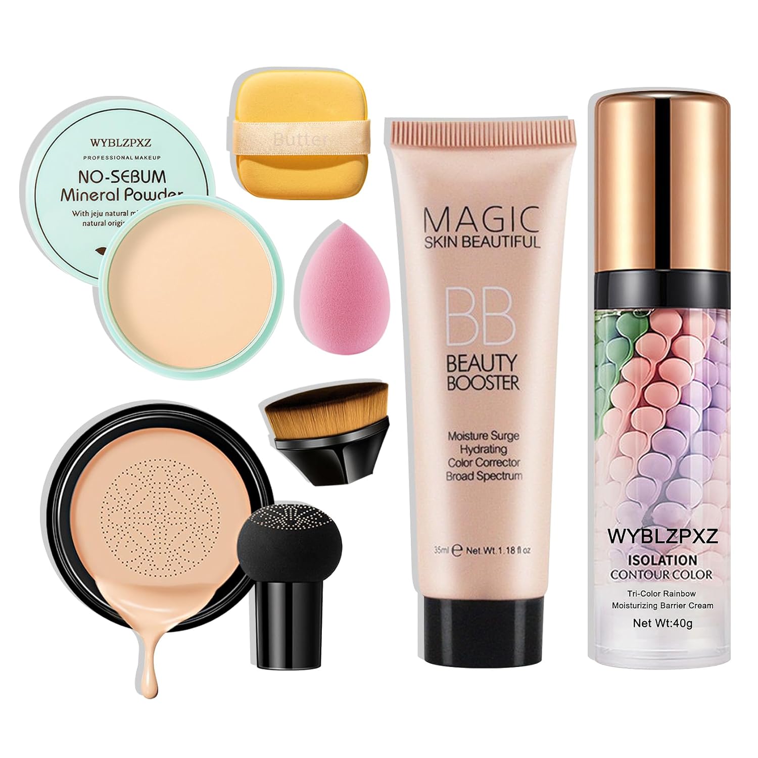Mushroom Head Air Cushion CC Cream + BB Cream + Tri-color Color Corrector Foundation Set - Moisturizing Full Coverage Foundation Concealer Lasting Foundation Makeup Base Primer (7 Pcs) - Image 2