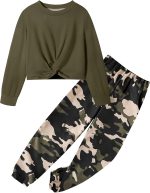 NECIOUS Girls Fall Outfits 2 Piece Fashion Twist Front Pullover Sweatshirt and Camo Pants Clothing Sets 5-14Y - Image 2
