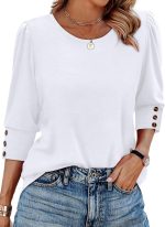 OFEEFAN Womens Tops 3/4 Sleeve with Buttons Dressy Casual Blouses Summer Outfits Beach Vacation Plus Size Spring Clothes - Image 2