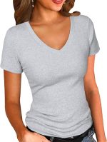 PALINDA Women's Short Sleeves Ribbed Fitted Shirt Basic V Neck Slim T Shirt Tops - Image 2