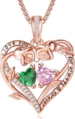 Rose Heart Necklaces for Women, Rose Gold Forever Love Jewelry with 2 Birthstones Pendant, Christmas Anniversarry Birthday Gifts for Her Wife Mom Grandma Daughter, 18+2 Inch Chain - Image 2