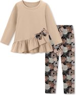 Toddler Girl Clothes 18M-8T Girls Fall Winter Outfit, Long Sleeve Ruffle Bowknot Top + Floral Pants 2Pcs Clothing Set - Image 2