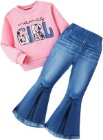 Toddler Girl Clothes Long Sleeve Cartoon & Letter Graphic Top + Fruit Stationery Print Flared Leg Pants - Image 2