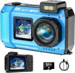UHD 8K Underwater Camera, 70MP 33FT WiFi Waterproof Digital Camera with 64GB Card, Auto Focus Waterproof Dual-Screen Selfie 2500mAh Battery, 18X Floatable Digital for Snorkeling, Blue - Image 2