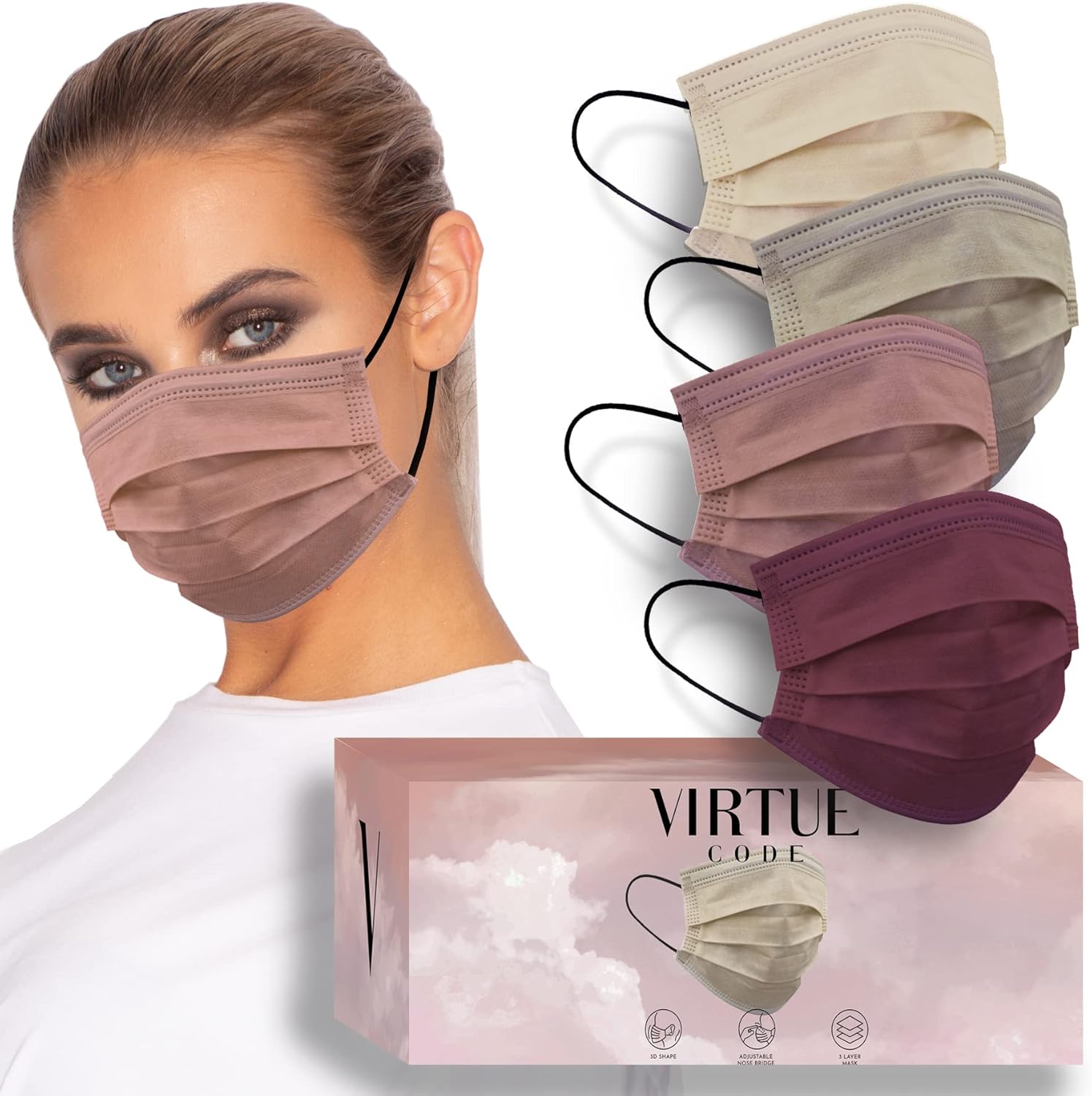 VIRTUE CODE Support Face Masks - Soft 3 Ply Comfort Face Masks, Colorful Disposable Face Mask 50 Pack. Earth Tones Colored Masks. Adults Mens and Womens Disposable Face Masks - Image 2