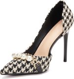Womens Pumps Shoes High Heels Stiletto Pointed Closed Toe D'Orsay Elegant Houndstooth Pattern Design with Pearls Chain Dress Party Wedding Classic Work Heels for Ladies - Image 2