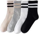 YUWELL Womens Striped Crew Socks, Cotton Cozy Casual Socks for Women 4 Pairs, Size 5-10 - Image 2