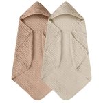 Yoofoss Hooded Baby Towels for Newborn 2 Pack 100% Muslin Organic Cotton Baby Bath Towel with Hood for Babies, Infant, Toddler and Kids, 32x32Inch, Soft and Absorbent Newborn Essential, Beige&Coffee - Image 2