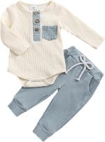 fhutpw Baby Boy Clothes 3 6 12 18 Months Ribbed Knitted Long Sleeve Romper and Pants Sets Newborn Fall Splicing Color Outfits - Image 2
