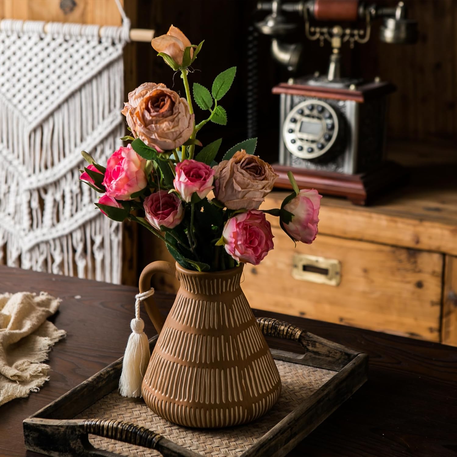Rustic Farmhouse Vase with Handle and Tassel, Vertical Stripes Terracotta Pottery - Vintage Ceramic Clay for Home Décor, Shelf, Table, Bookshelf, Mantle, Entryway - Image 3