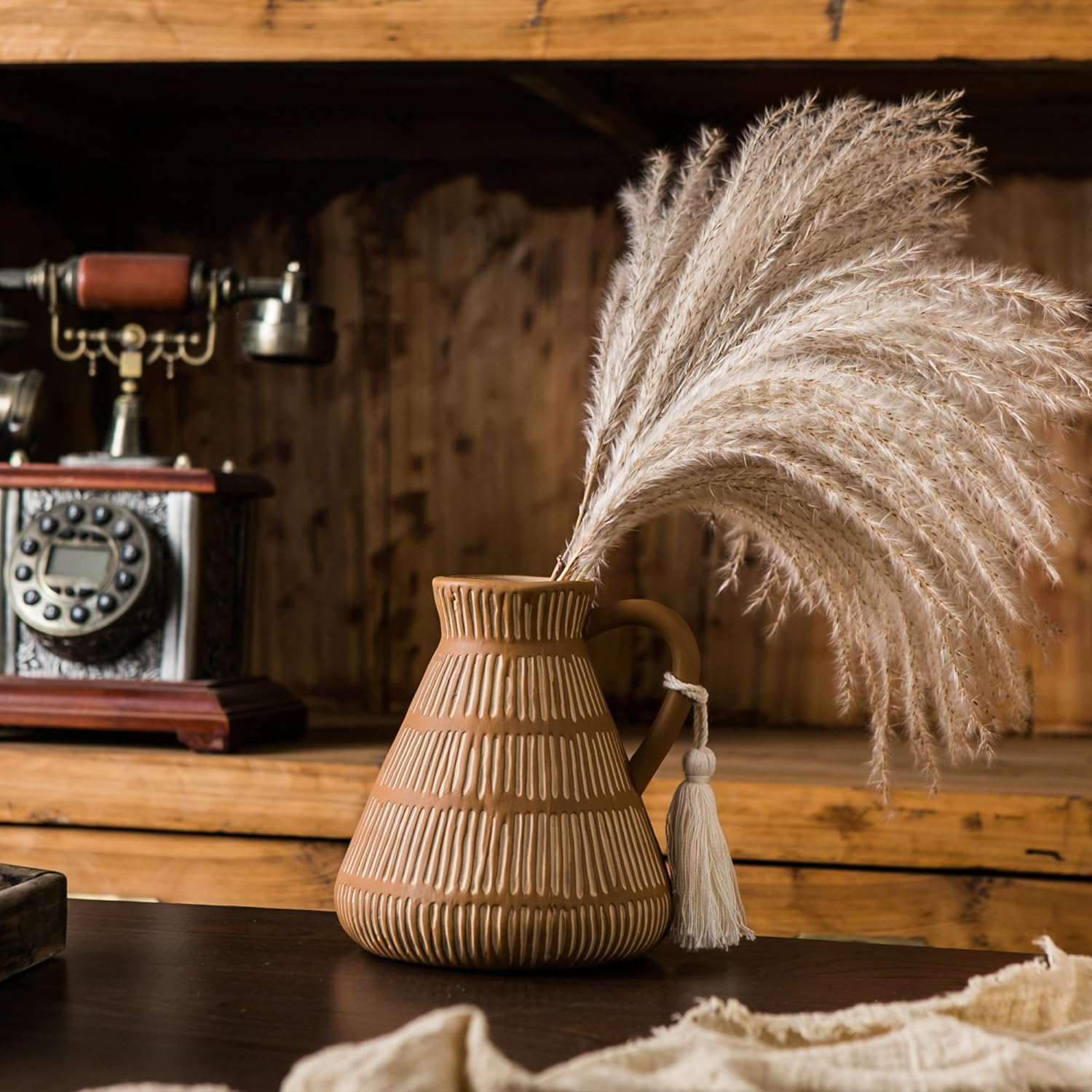 Rustic Farmhouse Vase with Handle and Tassel, Vertical Stripes Terracotta Pottery - Vintage Ceramic Clay for Home Décor, Shelf, Table, Bookshelf, Mantle, Entryway - Image 4