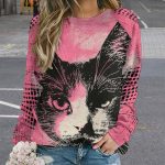 ZOCAVIA Women's Y2K Art Cat Sweatshirts Fall Abstract Graphic Pullover Tops Long Sleeve Oil Painting Cat Printed T Shirts - Image 3
