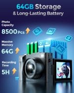 4K Digital Camera for Photography- 48MP Autofocus Vlogging Camera with 2.8" 180° Flip Screen, 16X Digital Zoom- Compact Point and Shoot Camera with 64GB SD for YouTube, Travel, Beginners - Image 4