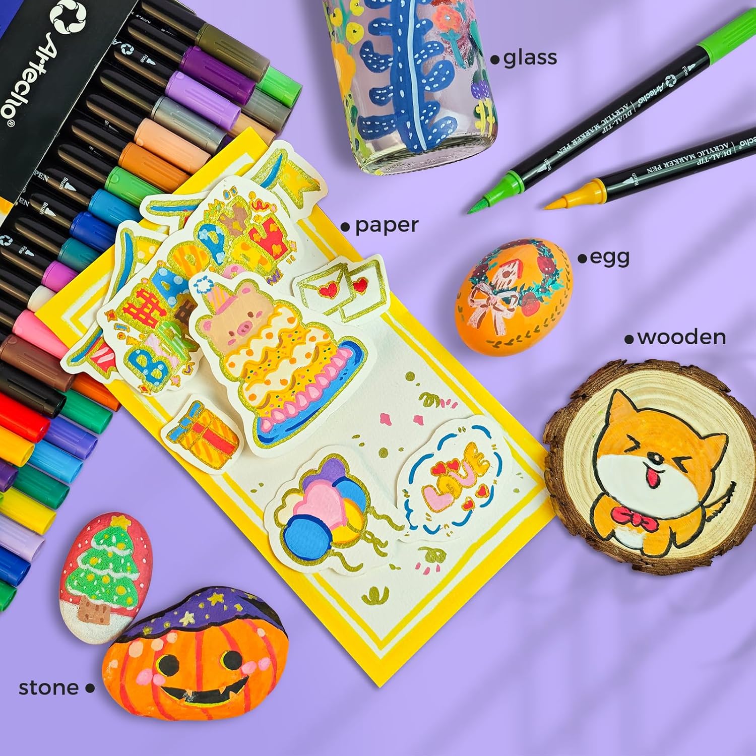 Artecho Acrylic Paint Markers 48 Colors, Acrylic Paint Pens with Brush Tip and Fine Tip for Stone, Rock Painting, Paper, Pumpkin, Wood, Egg, Canvas, Ceramic, Fabric, leather, Glass, DIY Crafts - Image 6