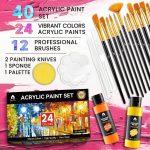40 Pcs Acrylic Paint Set - 24 Colors (2oz/60ml) with 12 Brushes, 2 Knives & Palette - Rich Pigments for Adults, Kids, Artists & Beginners - Painting on Halloween Pumpkin Canvas Ceramic Rock Wood - Image 3
