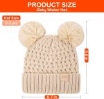 Toddler Winter Beanie Hat, Infant Winter Warm Knit Fleece Lined Cap for Girls Boys with Pom Pom for 0-36 Months 2 Packs - Image 3