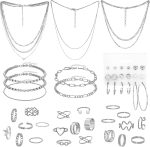 34 Pcs Silver Jewelry Set for Women Layered Bracelets Ball Dangle Hoop Earrings Stackable Knuckle Rings Set Dainty Adjustable Necklaces Valentine Anniversary Trendy Party Costume Accessories Jewelry - Image 2