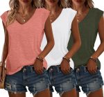 Bliwov 3 Pack Womens Cap Sleeve Tops V Neck T Shirts Summer Fall Outfits Plus Size Beach Vacation Fashion Tee Workout Clothes - Image 2