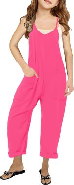 Cnkwei Girls' Casual Sleeveless Jumpsuits Spaghetti Strap Loose Romper Long Pants with Pockets - Image 2