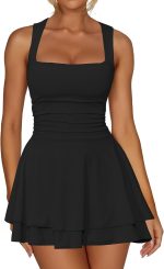 Kaximil Women's Square Neck Ruffle Hem Mini Dress Ruched Waist Short Party Dresses - Image 2