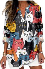 MARSVOVO Cat Shirts for Women Long Sleeve Cute Cat Pullover Graphic Novelty V Neck Blouse Oversized Funny Tunic Tops - Image 2