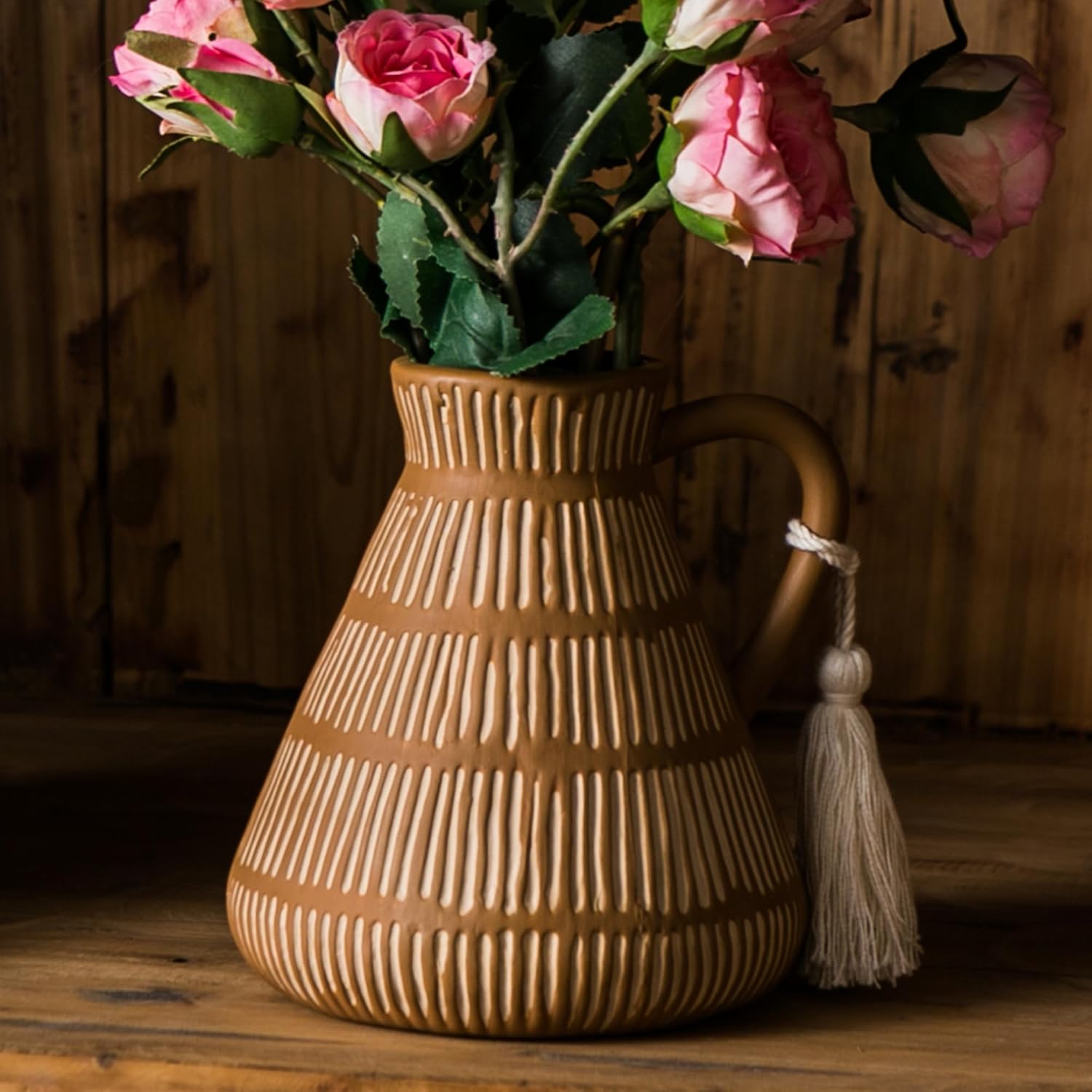 Rustic Farmhouse Vase with Handle and Tassel, Vertical Stripes Terracotta Pottery - Vintage Ceramic Clay for Home Décor, Shelf, Table, Bookshelf, Mantle, Entryway - Image 2