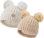 Toddler Winter Beanie Hat, Infant Winter Warm Knit Fleece Lined Cap for Girls Boys with Pom Pom for 0-36 Months 2 Packs - Image 2