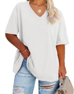 Women's Plus Size V Neck T Shirts Summer Half Sleeve Tees Casual Loose Fit Cotton Tunic Tops - Image 2