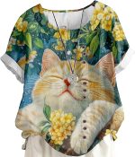 Women's Vintage Linen Tops Short Sleeve Boho Summer Graphic Tees Tunic Shirts Casual Loose Button Blouses - Image 2