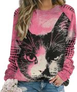 ZOCAVIA Women's Y2K Art Cat Sweatshirts Fall Abstract Graphic Pullover Tops Long Sleeve Oil Painting Cat Printed T Shirts - Image 2