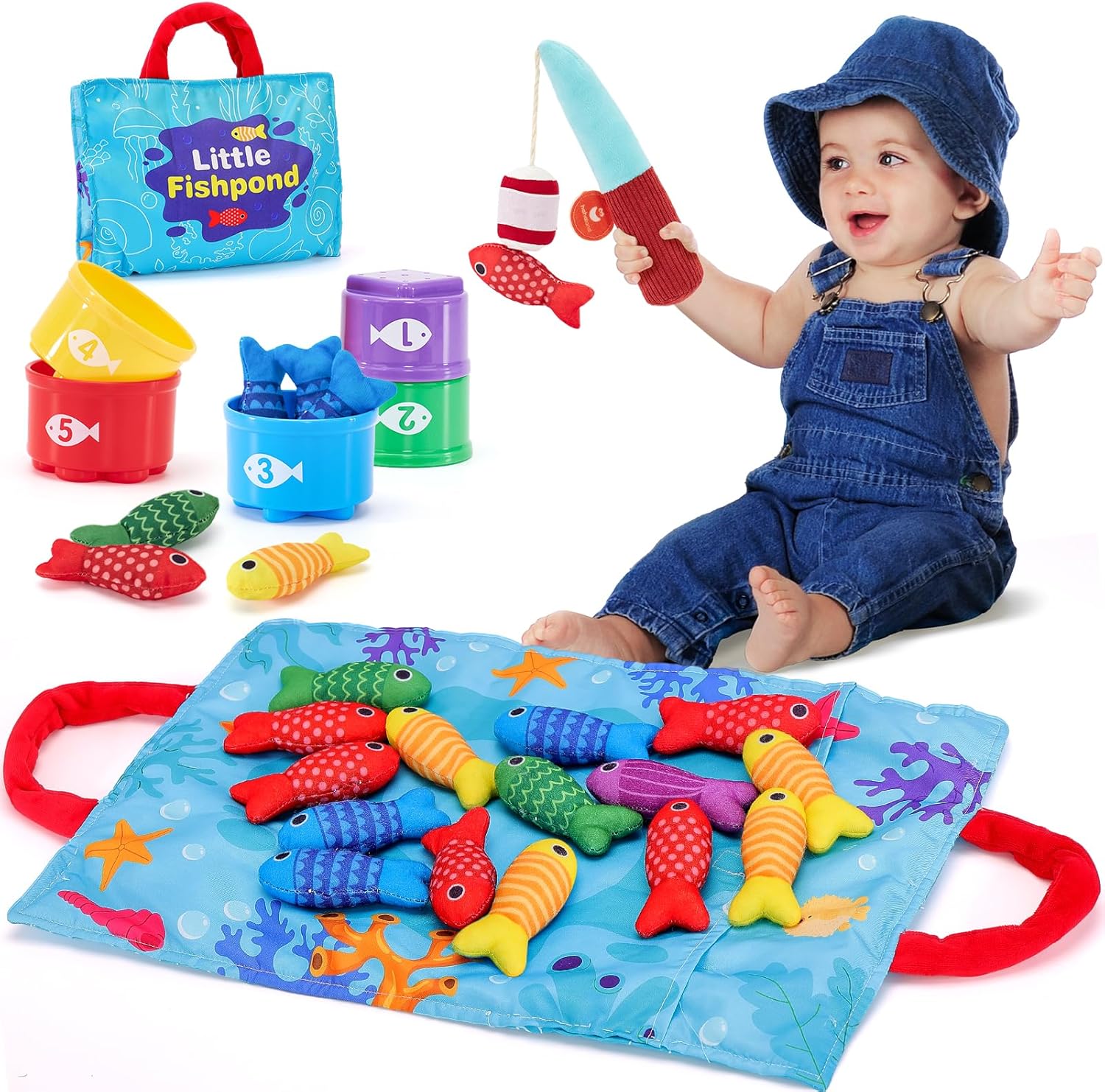 hahaland Toddler Toys Montessori Toys for 1 Year Old Boy Girl Birthday Gift - 10 in 1 Cloth Fishing Game Christmas Toddler Gifts 1-3 with Stacking Cups - Number Counting, Color Sorting Learning - Image 2